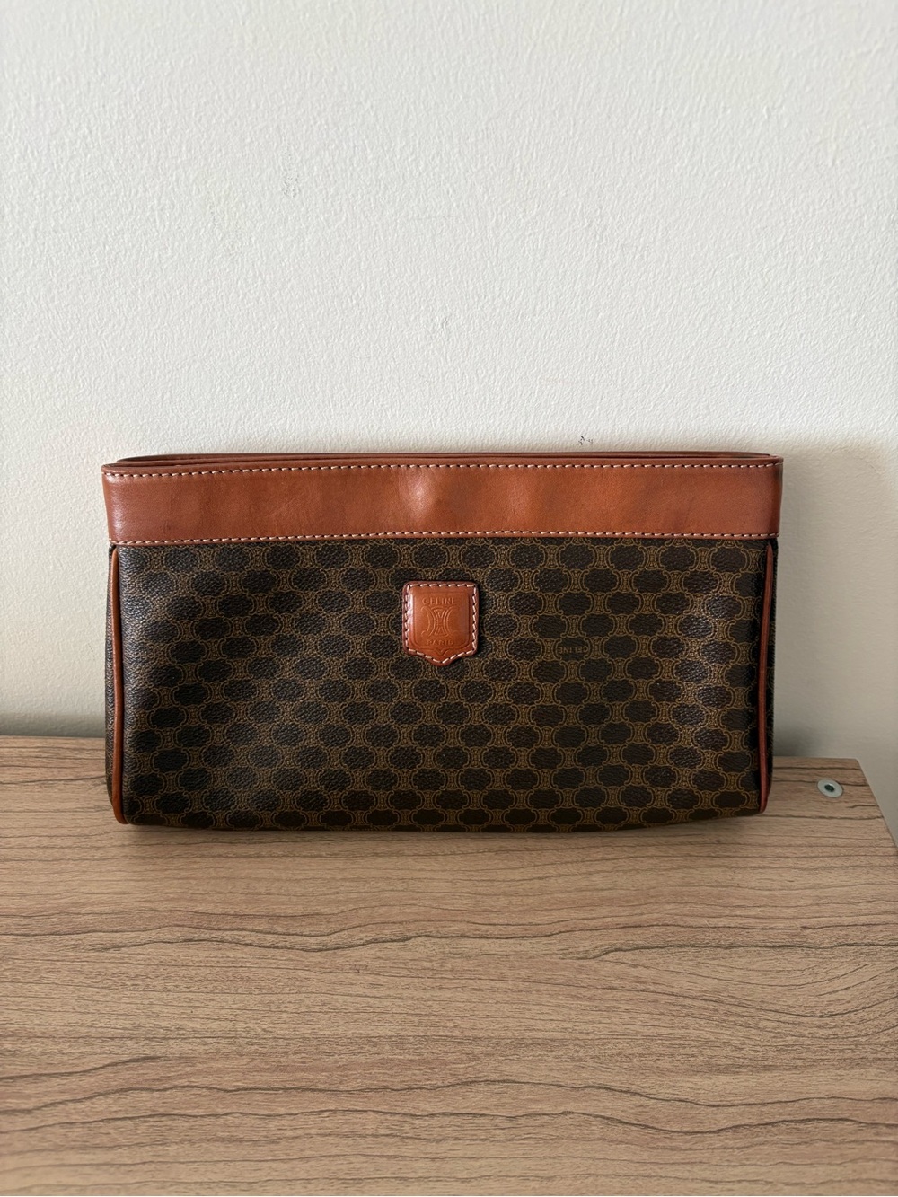 Celine Brown Macadam Pattern Clutch Purse Bag Leather Trim